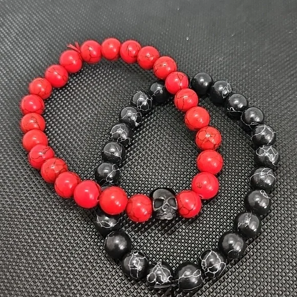 Mens Red and Black Skull Bracelet Set - Picture 1 of 1